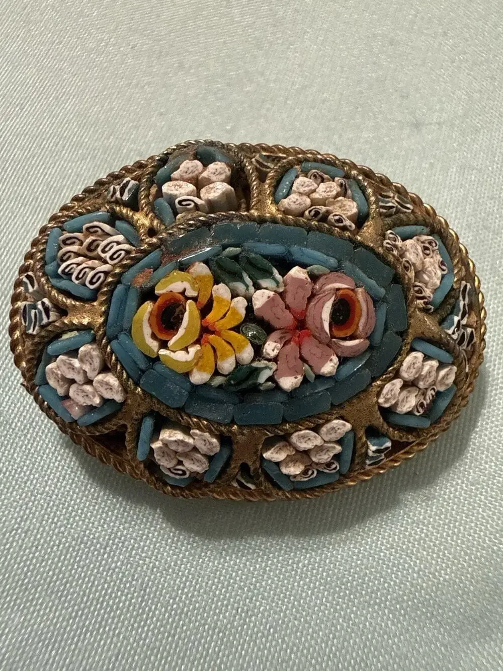 Vintage Italian Micro Mosaic Floral Brooch Glass Tesserae Oval Brass Pin